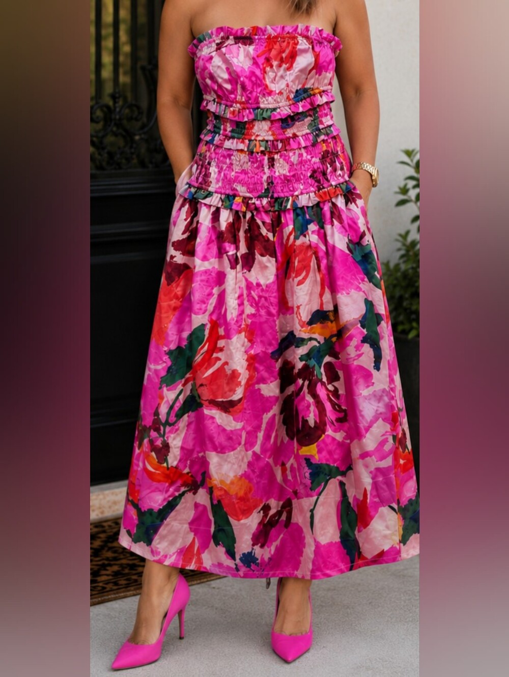 Strapless Pink Floral Smocked Maxi Dress